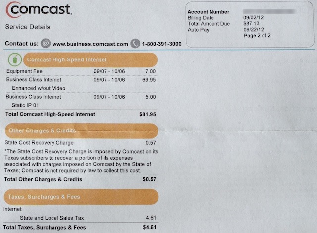 My Comcast Business Class bill, reverse side.