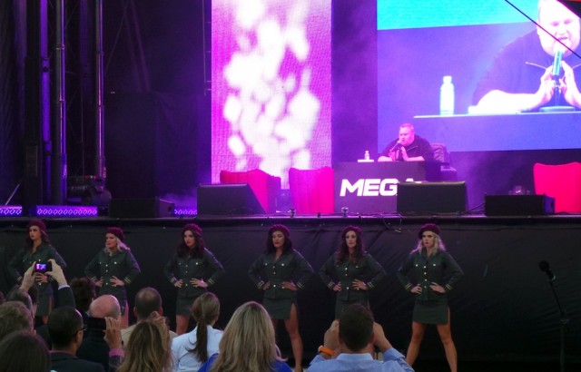 Indicted Megaupload founder Kim Dotcom appears on a large screen during the launch of a new file-sharing website "Mega" at his Auckland mansion in New Zealand. (Picture by Chris Keall/arstechnica.com)
