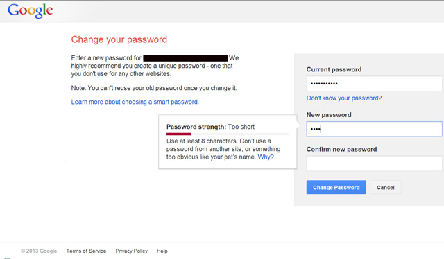 changing password on google account