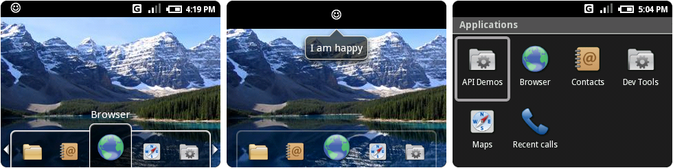 From left to right: the home screen, an open notification, and the “apps" folder.