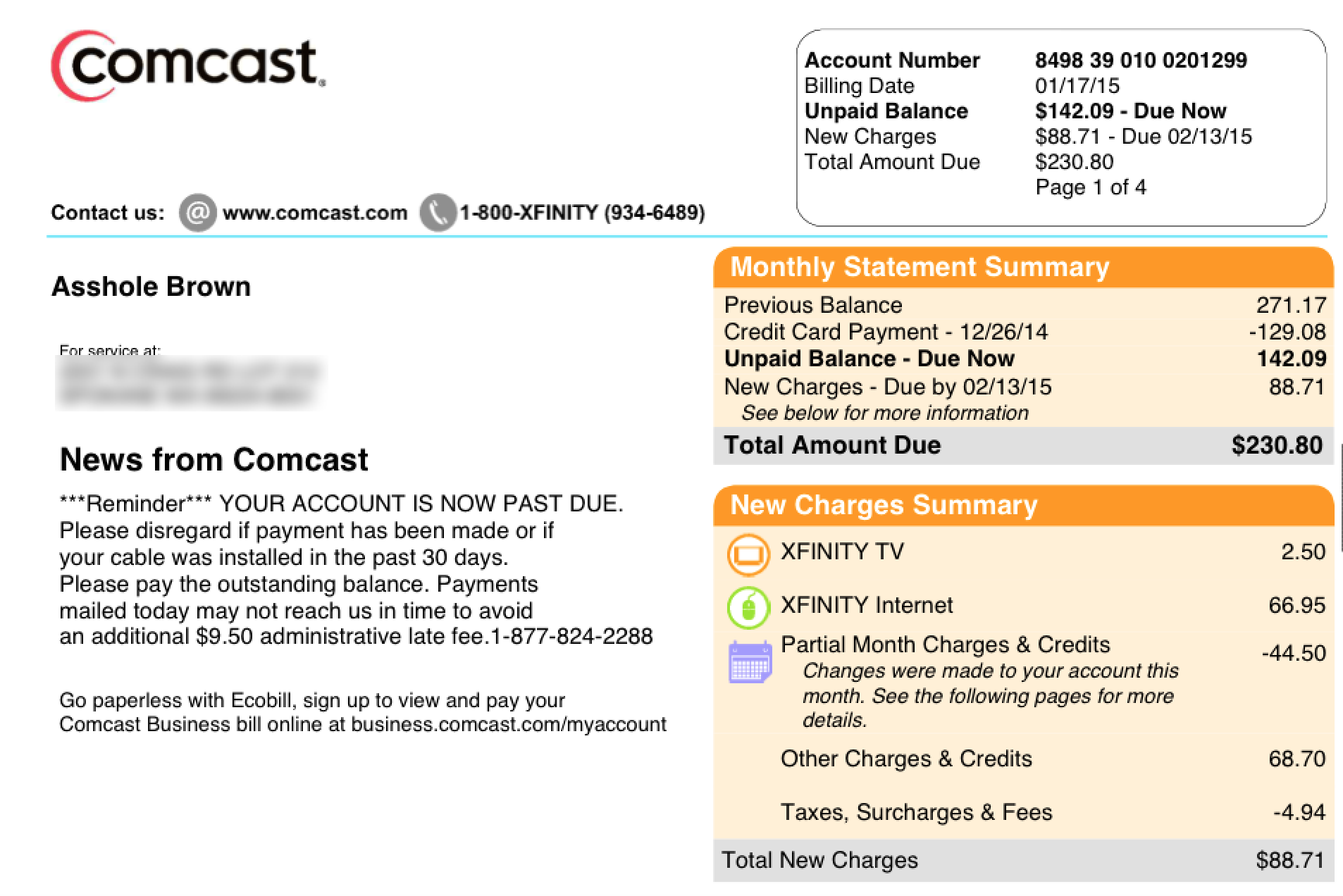 Comcast bill changes customer’s first name to “A—hole” Ars Technica