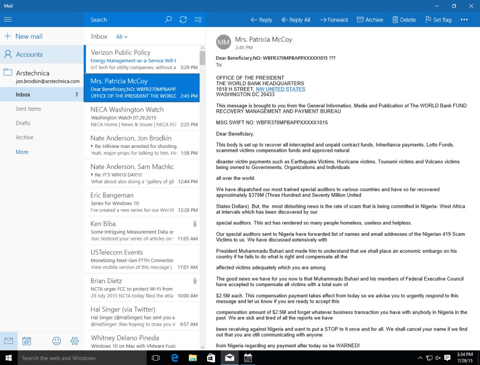 Windows 10 Mail: Beautiful but bug-ridden | Ars Technica UK