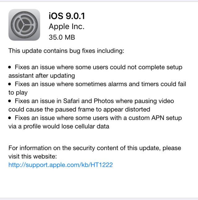 photo of Apple releases iOS 9.0.1 with fixes for setup assistant, alarms, other bugs image