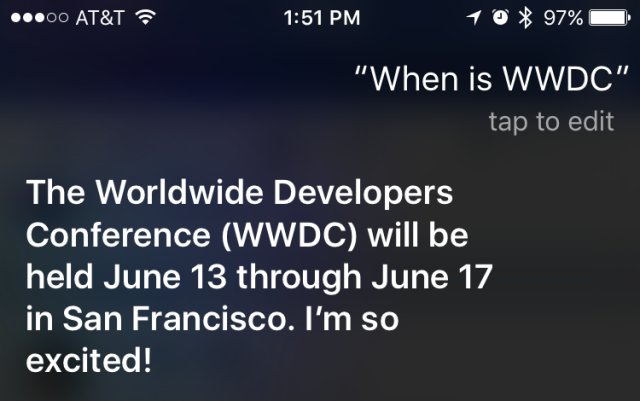 photo of WWDC 2016 runs June 13-17, according to Siri image