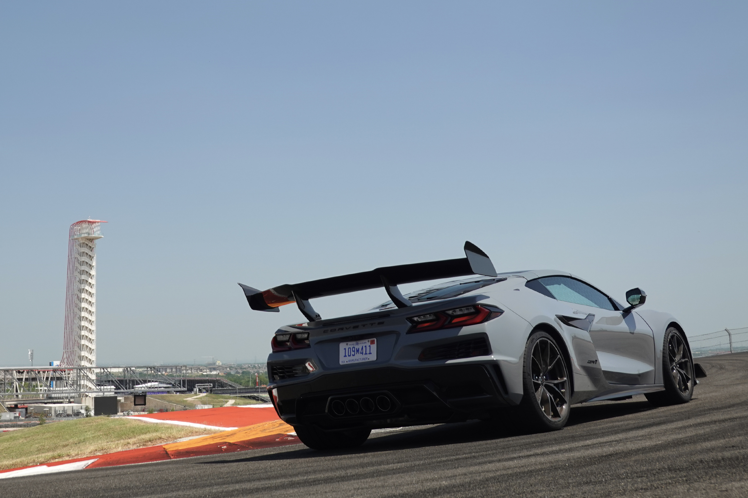 A Corvette ZR1 parked by turn 1 at COTA.