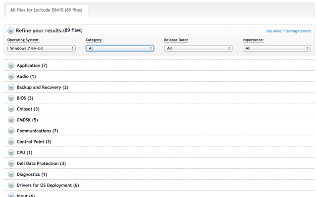 A list of drivers on Dell's download site. Most manufacturers make it relatively easy to get the drivers you need.