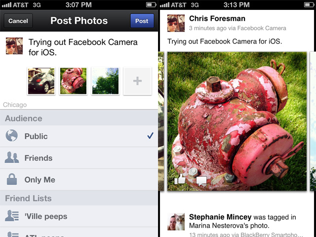 All the various metadata and privacy controls are included in Facebook Camera.