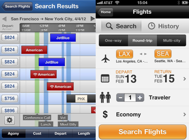 Hipmunk on the left, Kayak on the right