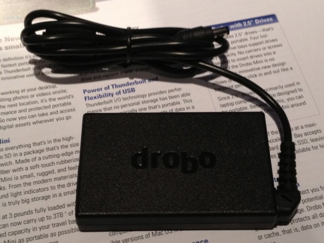 The Drobo Mini's external power adapter is small enough to travel, if you need to take your storage with you.