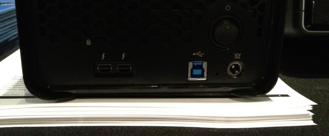 The back of the Drobo 5D shows us its USB 3.0 port and two Thunderbolt ports. The port layout of the Drobo Mini is the same, but it lacks the Kensington lock slot.