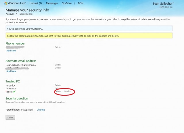 The Windows Live page allows you to add and remove trusted PCs, and modify security verification info.
