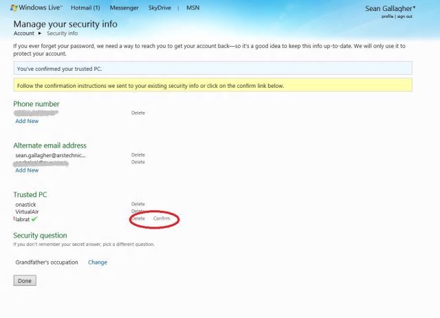 The Windows Live page allows you to add and remove trusted PCs, and modify security verification info.