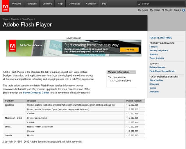 Adobe.com is one of the sites that's allowed to run the Flash plugin.