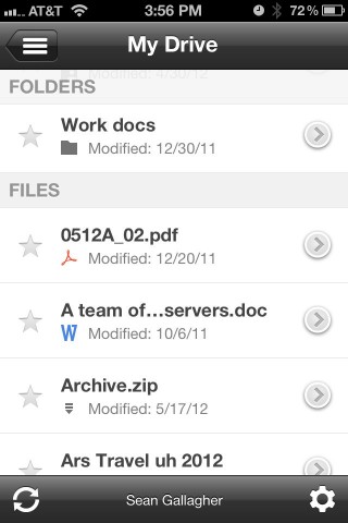 Browsing folders and files in the Google Drive app on the iPhone