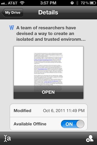 Clicking on the arrow button to the right of a document name in the iPhone interface brings up a thumbnail view, and allows you to select it to be cached offline...