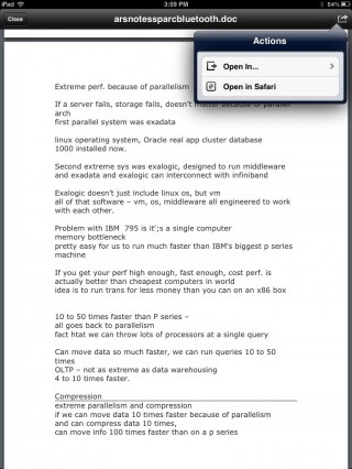 Viewing a document from within Google Drive on the iPad, you've got the choice of selecting "Open in Safari" or "Open in..."—which brings up a list of apps that can handle the document type. For a Word document, that included Pages on my iPad, as well as SkyDrive—so I could save it to SkyDrive from Google Drive (but not the other way around).