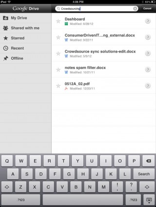 A text search on crowdsourcing (from the iPad) finds text embedded in a PDF of a scanned document.