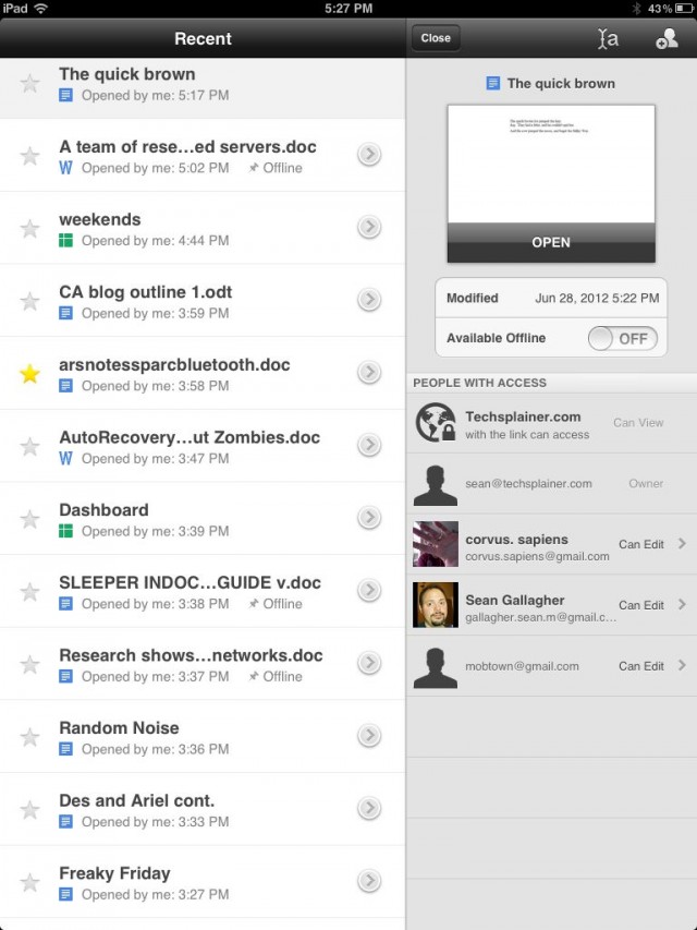 A view of files and folders in Google Drive from the iPad, with a file selected showing information on who has rights to it.
