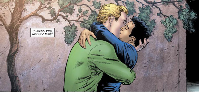Green Lantern (left) from DC's EARTH 2 shares a kiss with his lover.