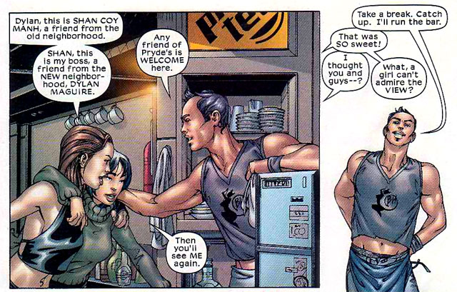 Shan Coy Manh AKA Karma from the original New Mutants in a scene that casually references her sexuality.