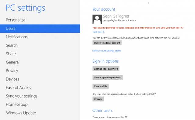 The Windows 8 user settings screen before a PC is "trusted."