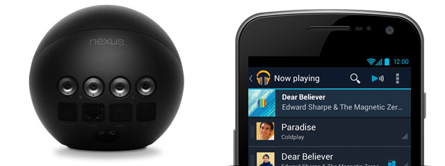 The Nexus Q has a built-in 25W amp and can connect to your HDTV or A/V receiver. You can control it with your Android phone.