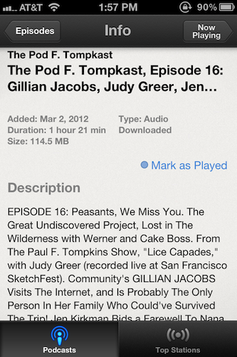Selecting an individual podcast episode lets users mark it as played.