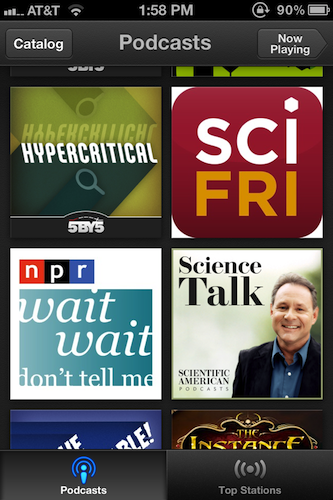 The front-facing section of the Podcasts app contains icons for your current subscriptions.