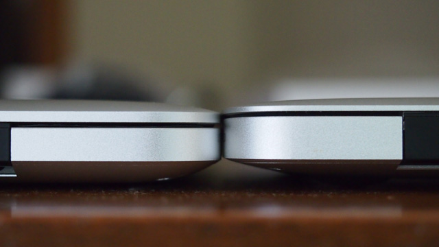 The Retina MacBook Pro is essentially the same thickness as a MacBook Air at its thickest point—0.71 inches versus 0.68 inches, respectively.