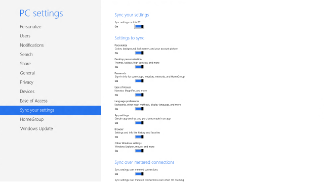 The Windows 8 sync setup screen.