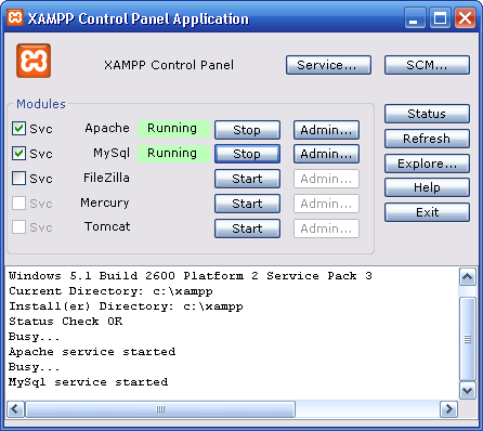 Apache and MySQL running normally in the XAMPP control panel. XAMPP can turn any computer into a basic Web server.