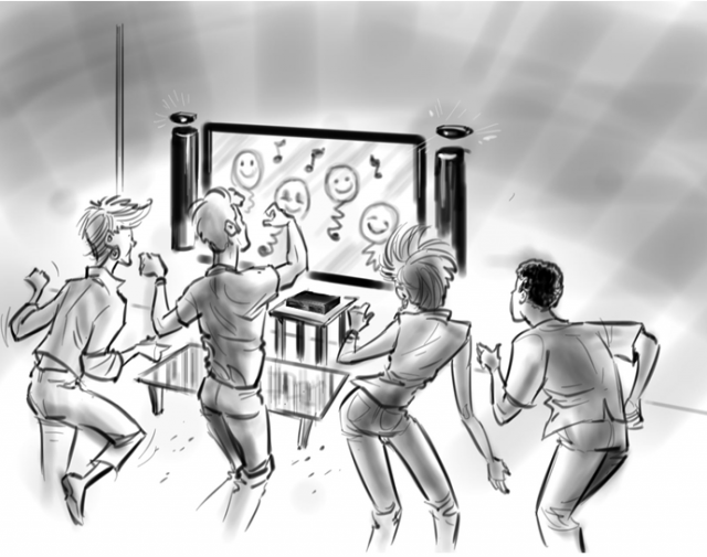 A sketch from the document showing four players using the improved, second-generation Kinect hardware.