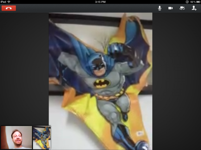 My friend's Android phone doesn't have a front-facing camera, so I did a hangout with his Batman balloon.