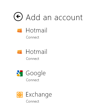 Adding an account, Metro-style. Hotmail has been doubled for some reason.