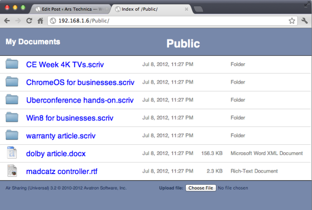 Using Air Sharing's Web client is probably the easiest way to connect to your server from a computer you don't normally use, though it lacks the file explorer integration you get with WebDAV drive mapping.