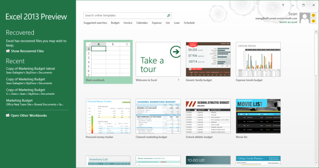 Like the rest of the Office 2013 suite, Excel wants to keep all your data in the cloud, and when you're opening a new file, it offers templates from both a local store and the Office.com cloud template library.