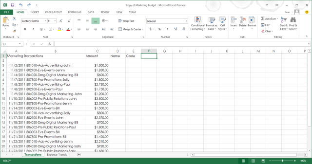 The Excel spreadsheet interface, like Word and the rest of the Office suite, is Metro-ish in its look and feel and somewhat set up to work on a PC or touch tablet. Like the other core apps, it keeps the ribbon interface from Office 2010, but it can easily be hidden (and is hidden by default in touch mode).