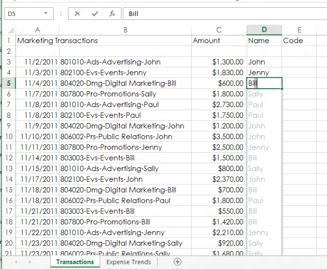 The new "flash fill" feature in Excel 2013 detects patterns in content you enter in a column that exists in adjacent columns, and "ghosts in" the rest of the content matching that pattern—autofilling when you approve.