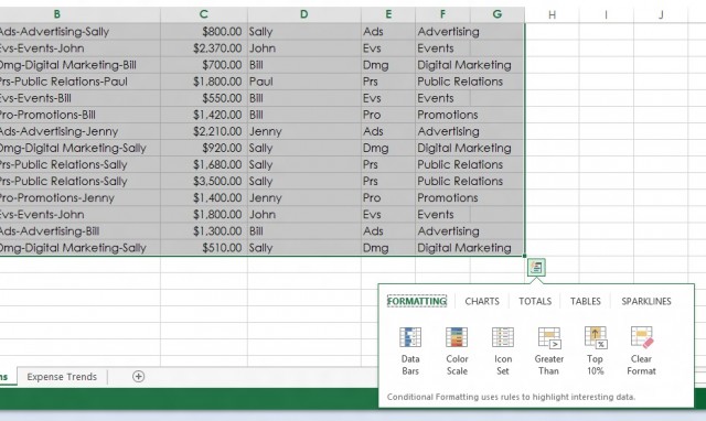 When you select a range, Excel 2013 pops up a "Quick Analysis" box. Click on it, and you're given a selection of recommended formatting, chart, calculation, and pivot table options.