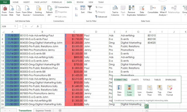 Under Formatting options, for example, you can choose to add data bars to value columns to emphasize their relative size, and add color scales to highlight values in specific ranges. 