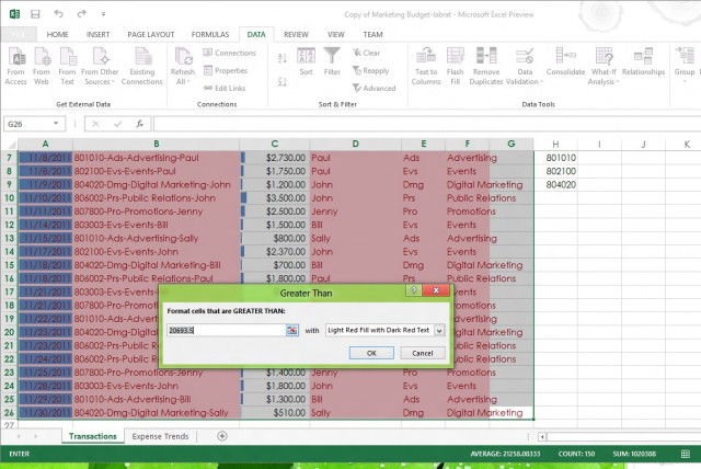 Another formatting option is to highlight cells with a value larger than a given value with a specific color to draw attention to values that are, for example, over budget.