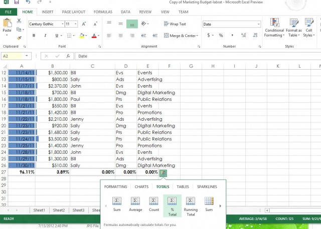 The "Totals" quick analysis wizard provides a set of pre-set equations to sum up columns, calculate their average or percent of total, or keep a running total, for example. 