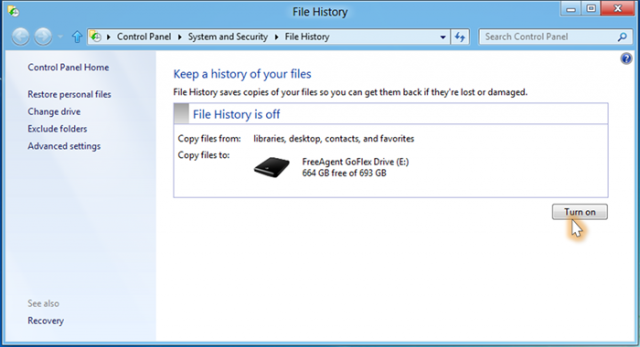 While easy to enable, File History is off by default.