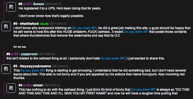 One of the now-deleted FunnyJunk conversation threads about "admin" and his actions.