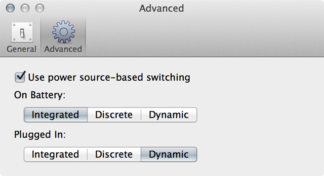 Advanced options let you automatically switch among GPU settings based on the power source of your Retina MacBook Pro.