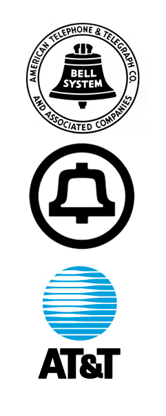 Top: an AT&amp;T logo circa 1939, followed by Saul Bass's 1969 logo and his 1980s redesign.