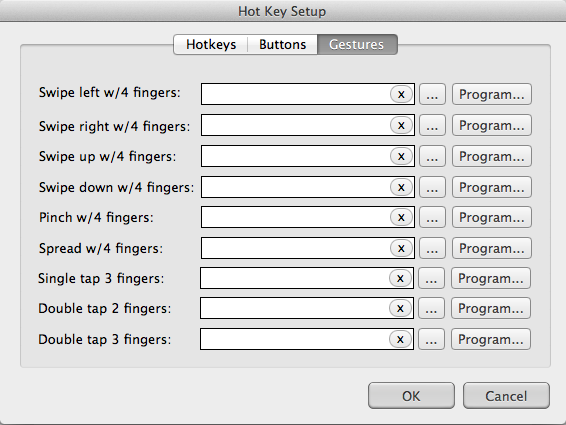 Keyboard shortcuts and individual applications can be mapped to both hotkeys and multitouch gestures. Hotkeys are the more reliable option by a long shot.