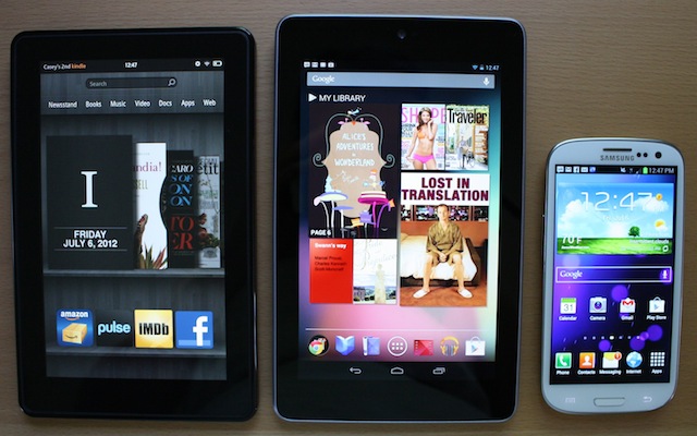 The Kindle Fire, the Nexus 7, and a Samsung Galaxy S III.