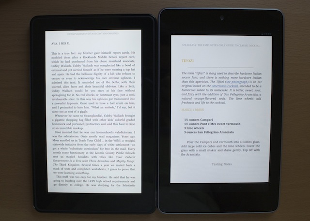 The Kindle Fire's smallest text size, left, next to the Nexus 7's smallest text size in the Kindle app