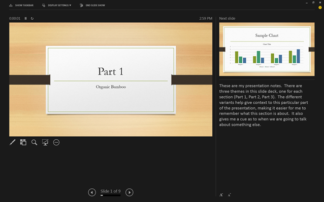 Presenter view showing what's now and next, along with slide notes.